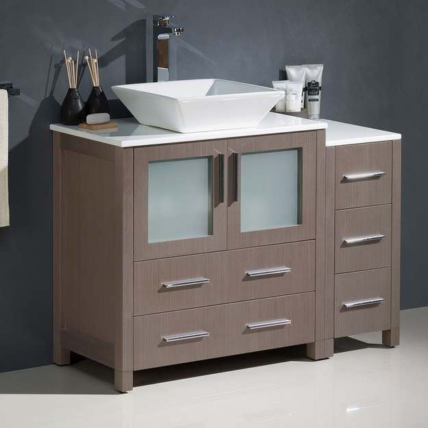 FRESCA FCB62-3012GO-CWH-V TORINO 42 INCH GRAY OAK MODERN BATHROOM CABINETS WITH TOP AND VESSEL SINK