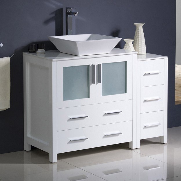 FRESCA FCB62-3012WH-CWH-V TORINO 42 INCH WHITE MODERN BATHROOM CABINETS WITH TOP AND VESSEL SINK