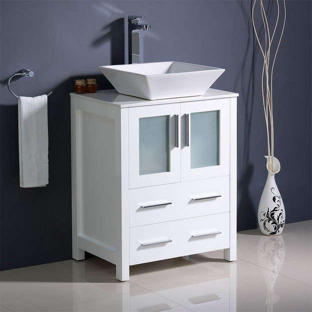 FRESCA FCB6224WH-CWH-V TORINO 24 INCH WHITE MODERN BATHROOM CABINET WITH TOP AND VESSEL SINK