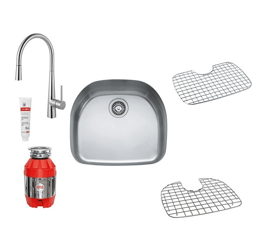 FRANKE D-BOWL COMBO PACK 4 WITH SINK, FAUCET, WASTE DISPOSER, 2 BOTTOM GRIDS AND INOX CREAM
