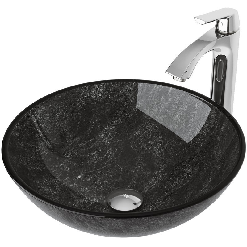 VIGO VGT830 GRAY ONYX GLASS VESSEL SINK AND LINUS FAUCET SET IN A CHROME FINISH