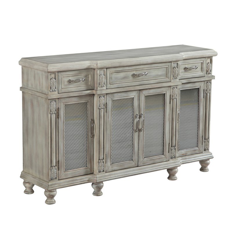 INFURNITURE AC1837-57-WH 57 INCH RUSTIC WHITE CREDENZA ACCENT CABINET WITH FOUR MIRRORED DOORS AND THREE DRAWERS