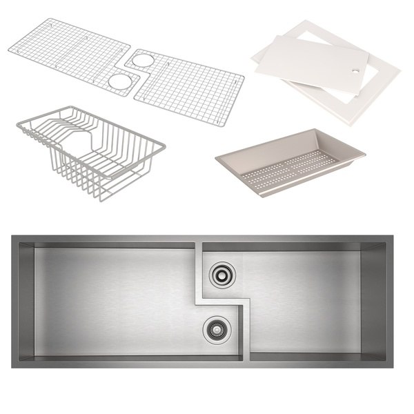 ROHL RUWKIT49162SB CULINARIO 51-5/8 INCH RECTANGULAR UNDERMOUNT DOUBLE BOWL KITCHEN SINK WITH ACCESSORIES IN BRUSHED STAINLESS STEEL