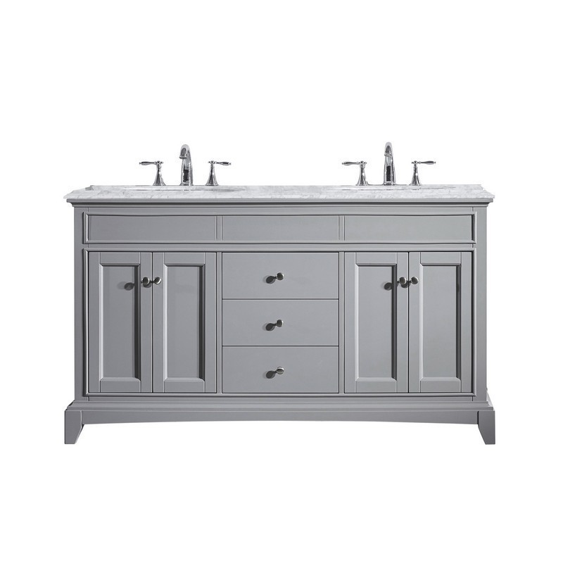 EVIVA EVVN709-60GR ELITE STAMFORD 60 INCH GRAY SOLID WOOD BATHROOM VANITY SET WITH DOUBLE OG WHITE CARRERA MARBLE TOP AND WHITE UNDERMOUNT PORCELAIN SINKS