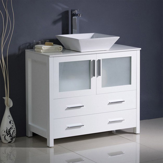 FRESCA FCB6236WH-CWH-V TORINO 36 INCH WHITE MODERN BATHROOM CABINET WITH TOP AND VESSEL SINK