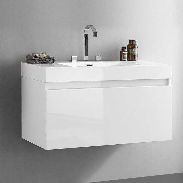 FRESCA FCB8010WH-I MEZZO 39 INCH WHITE MODERN BATHROOM CABINET WITH INTEGRATED SINK