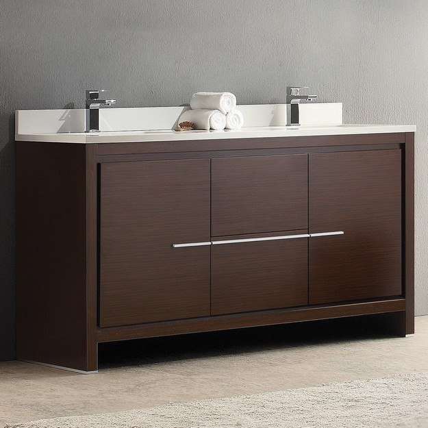 FRESCA FCB8119WG-CWH-U ALLIER 60 INCH WENGE BROWN MODERN DOUBLE SINK BATHROOM CABINET WITH TOP AND SINKS