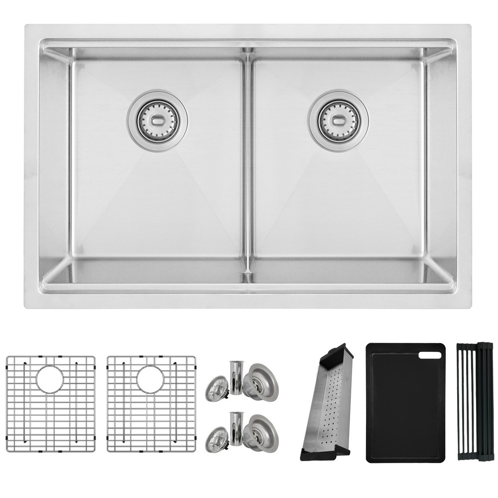 STYLISH S-230W BORON 30 INCH WORKSTATION DOUBLE BOWL UNDERMOUNT OR DROP-IN 16 GAUGE STAINLESS STEEL KITCHEN SINK WITH BUILT IN ACCESSORIES