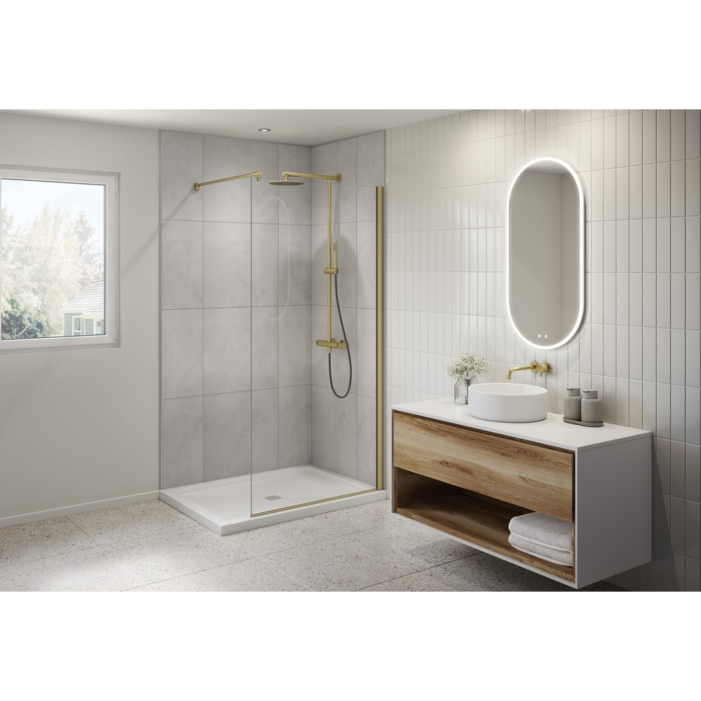 FLEURCO VLS29-12-40-79 STATION PLUS 29 W X 79 H INCH FIXED SHOWER DOOR IN BRUSHED GOLD