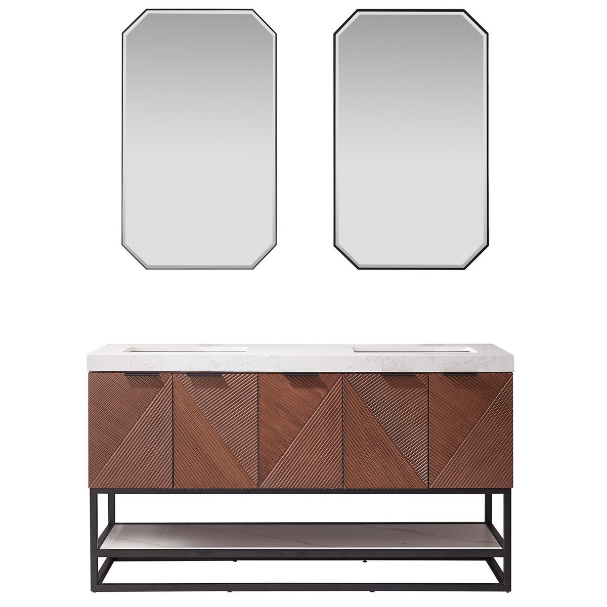 VINNOVA 703560M-ND-GW MAHON 60 INCH FREESTANDING DOUBLE SINK BATHROOM VANITY IN NORTH AMERICAN DEEP WALNUT WITH WHITE GRAIN COMPOSITE STONE TOP