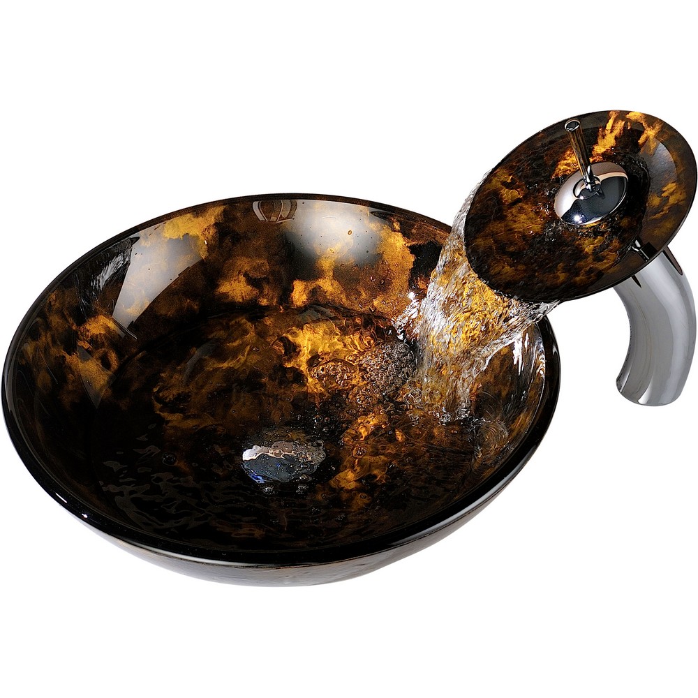 ANZZI LS-AZ049 TIMBRE 16 1/2 INCH ROUND DECO-GLASS VESSEL BATHROOM SINK IN KINDLED AMBER WITH MATCHING CHROME WATERFALL FAUCET