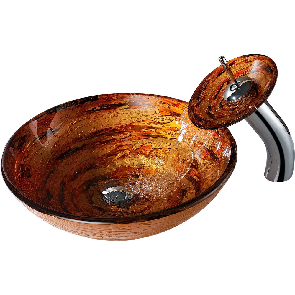 ANZZI LS-AZ061 STANZA 16 1/2 INCH ROUND VESSEL BATHROOM SINK IN BROWN WITH POP-UP DRAIN AND MATCHING FAUCET IN LUSTROUS BROWN