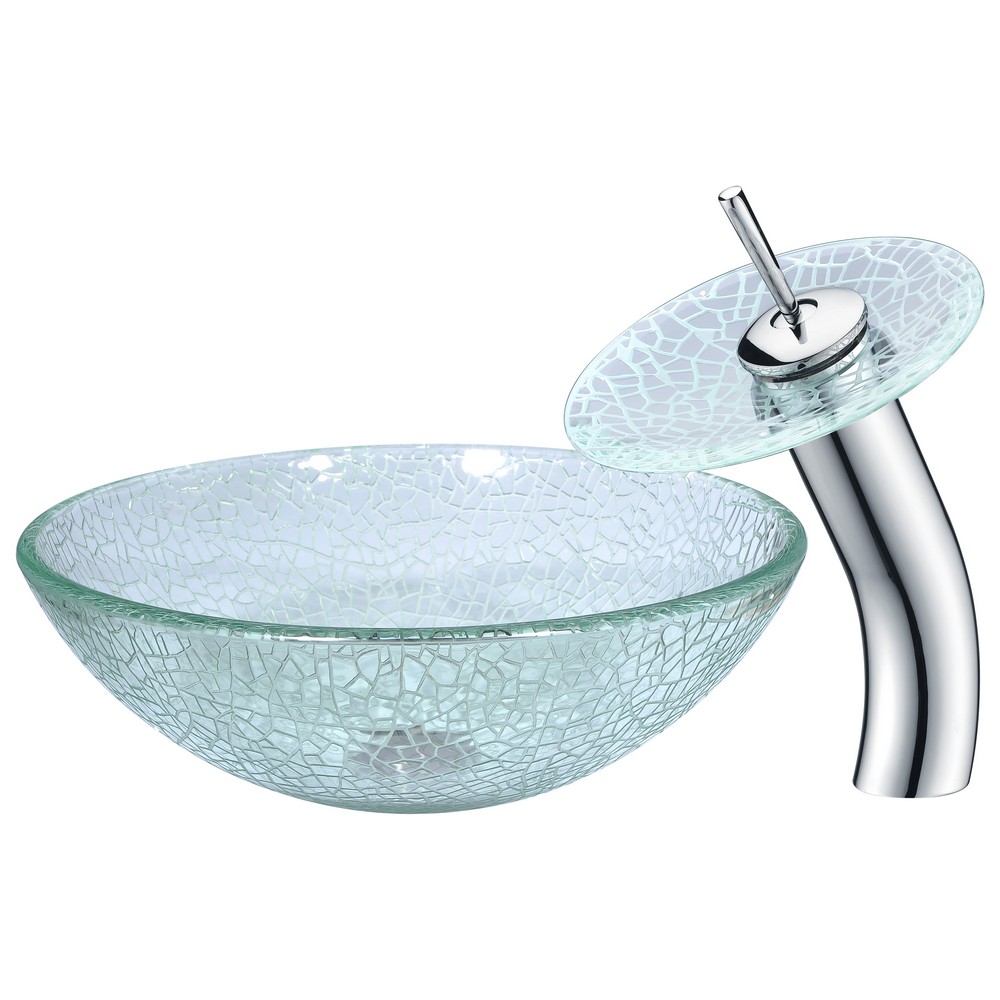 ANZZI LS-AZ063 CHOIR 16 1/2 INCH ROUND DECO-GLASS VESSEL BATHROOM SINK IN CRYSTAL CLEAR MOSAIC WITH MATCHING CHROME WATERFALL FAUCET