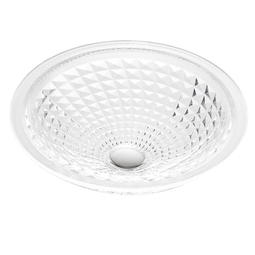 ANZZI LS-AZ904 DIAMANTE 16 1/2 INCH ROUND CLEAR GLASS VESSEL BATHROOM SINK WITH FACETED PATTERN