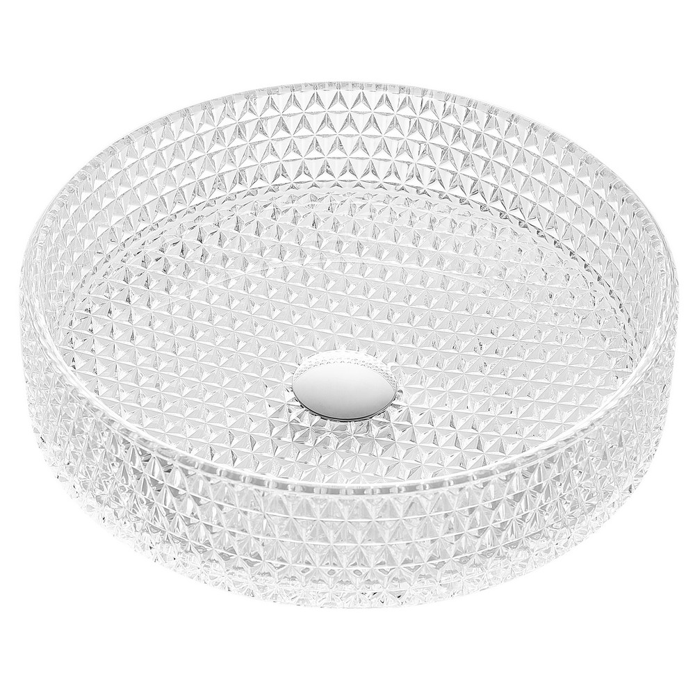 ANZZI LS-AZ908 CELESTE 15 3/4 INCH ROUND CLEAR GLASS VESSEL BATHROOM SINK WITH FACETED PATTERN