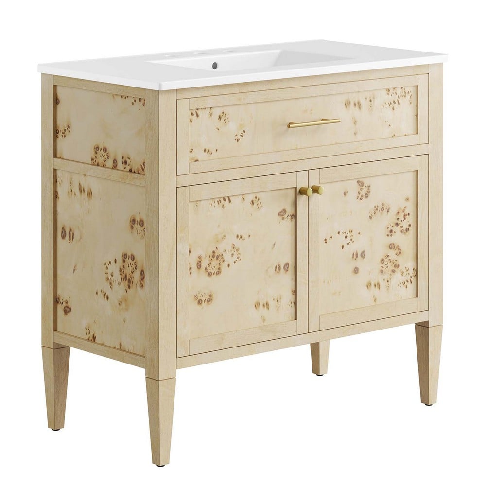 MODWAY EEI-6447-WHI-BUR ELYSIAN 36 INCH FREE-STANDING SINGLE SINK BATHROOM VANITY IN WHITE BURL WITH CERAMIC TOP