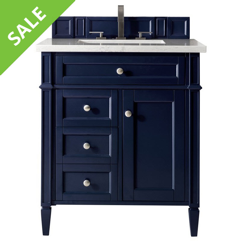 SALE! James Martin 650-V30-VBL-3CAR Brittany 30 Inch Single Vanity in Victory Blue with 3 cm Carrara Marble Top