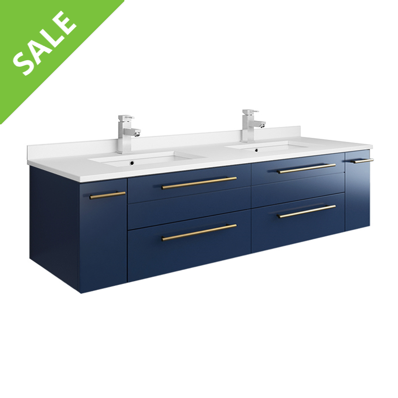 SALE! FRESCA FCB6160RBL-UNS-D-CWH-U LUCERA 60 INCH ROYAL BLUE WALL HUNG MODERN BATHROOM CABINET WITH TOP AND DOUBLE UNDERMOUNT SINKS