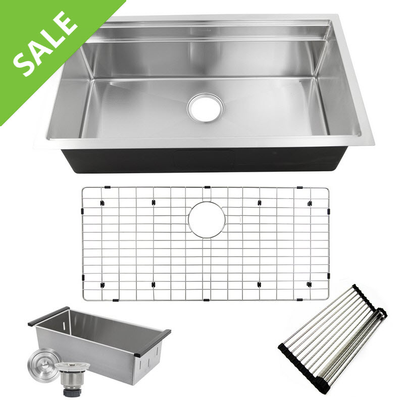 SALE! NANTUCKET SINKS SR-PS-3620-16 36 INCH PRO SERIES LARGE PREP STATION SINGLE BOWL UNDERMOUNT STAINLESS STEEL KITCHEN SINK WITH COMPATIBLE ACCESSORIES