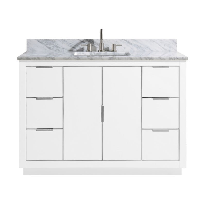 AVANITY AUSTEN-VS49-WTS-C AUSTEN 49 INCH VANITY COMBO IN WHITE WITH SILVER TRIM AND CARRARA WHITE MARBLE TOP