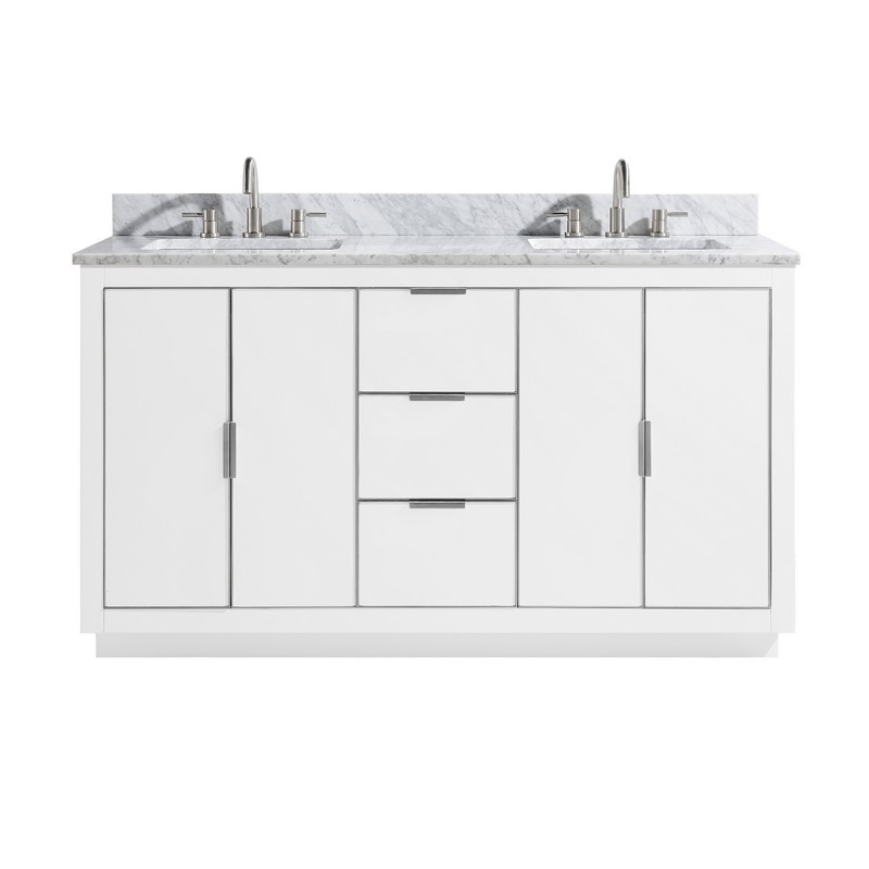 AVANITY AUSTEN-VS61-WTS-C AUSTEN 61 INCH VANITY COMBO IN WHITE WITH SILVER TRIM AND CARRARA WHITE TOP