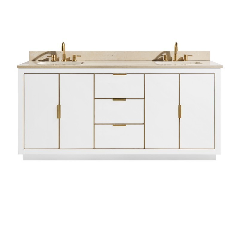 AVANITY AUSTEN-VS73-WTG-D AUSTEN 73 INCH VANITY COMBO IN WHITE WITH GOLD TRIM AND CREMA MARFIL MARBLE TOP
