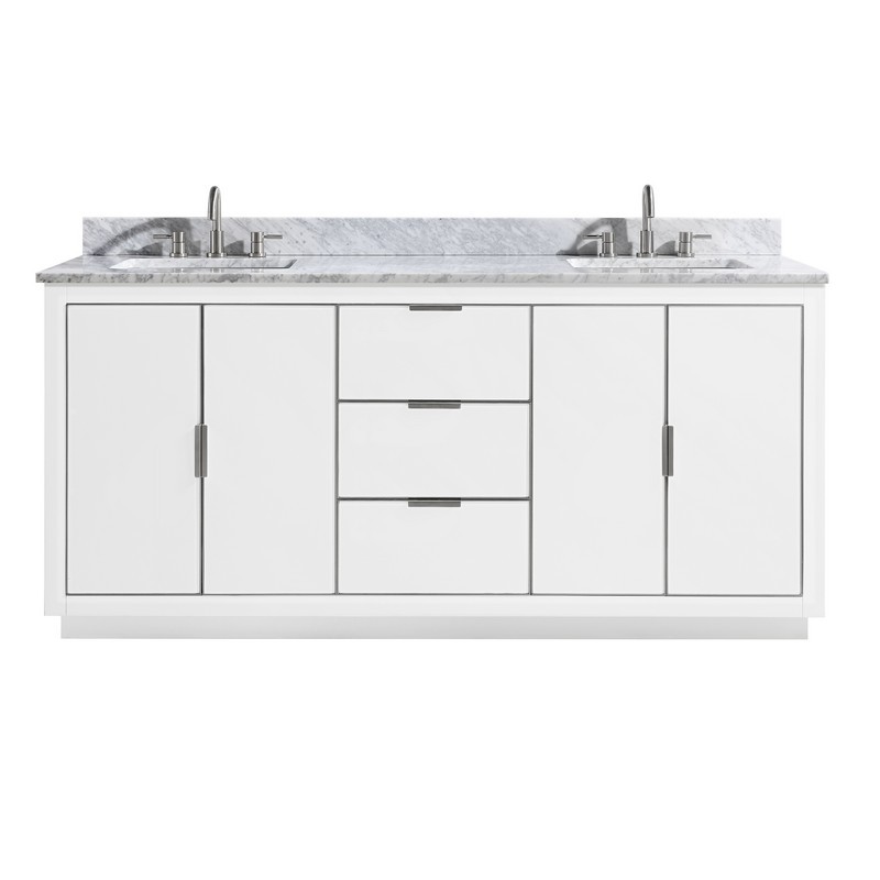 AVANITY AUSTEN-VS73-WTS-C AUSTEN 73 INCH VANITY COMBO IN WHITE WITH SILVER TRIM AND CARRARA WHITE MARBLE TOP