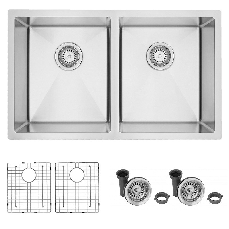 AZUNI C233 32 INCH DOUBLE BASIN UNDERMOUNT KITCHEN SINK WITH GRIDS AND BASKET STRAINERS