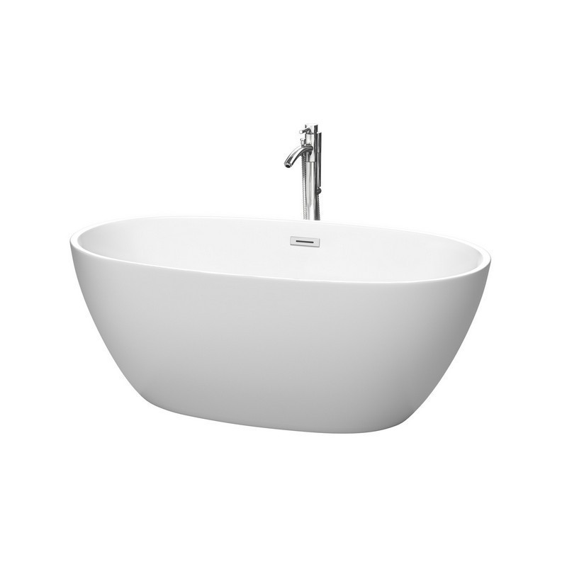 WYNDHAM COLLECTION WCBTE306159MWATP11 JUNO 59 INCH FREESTANDING BATHTUB IN MATTE WHITE WITH FLOOR MOUNTED FAUCET, DRAIN AND OVERFLOW TRIM