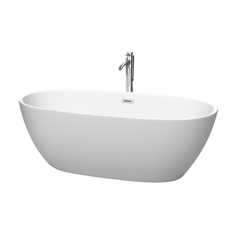 WYNDHAM COLLECTION WCBTE306167MWATP11 JUNO 67 INCH FREESTANDING BATHTUB IN MATTE WHITE WITH FLOOR MOUNTED FAUCET, DRAIN AND OVERFLOW TRIM