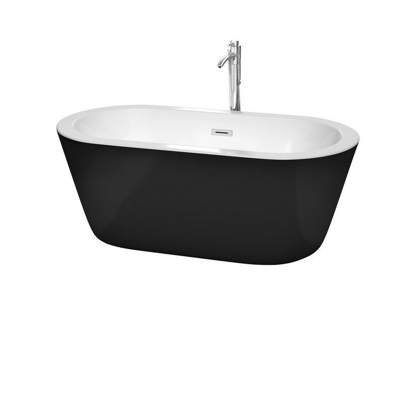 WYNDHAM COLLECTION WCOBT100360BKATP11 MERMAID 60 INCH FREESTANDING BATHTUB IN BLACK WITH WHITE INTERIOR, FLOOR MOUNTED FAUCET, DRAIN AND OVERFLOW TRIM