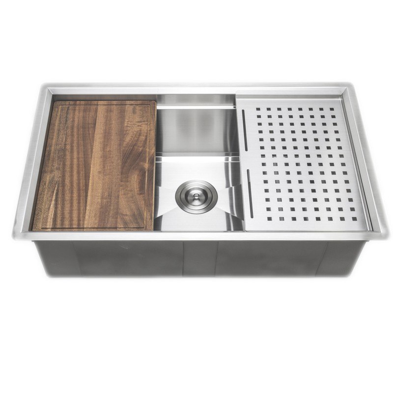 WELLS SINKWARE 3D 3219-9-1 3D SERIES PREP CENTER 32 INCH UNDERMOUNT SINGLE BOWL STAINLESS STEEL KITCHEN SINK WITH STAINLESS STEEL COLANDER AND RUBBER WOOD CUTTING BOARD
