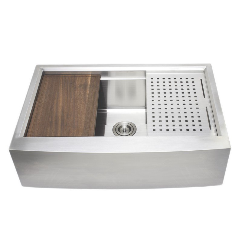 WELLS SINKWARE 3D 3322-9-AP-1 3D SERIES PREP CENTER 33 INCH ARCHED APRON FRONT UNDERMOUNT SINGLE BOWL STAINLESS STEEL KITCHEN SINK WITH STAINLESS STEEL COLANDER AND RUBBER WOOD CUTTING BOARD