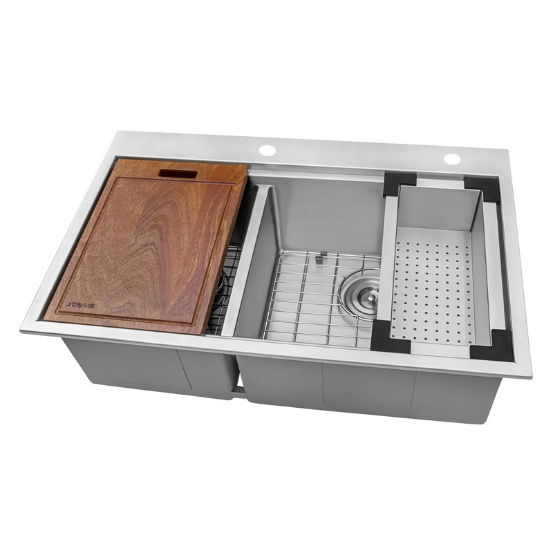 RUVATI RVH8036 SIENA 33 INCH WORKSTATION DROP-IN TOPMOUNT 40/60 DOUBLE BOWL ROUNDED CORNERS KITCHEN SINK - STAINLESS STEEL