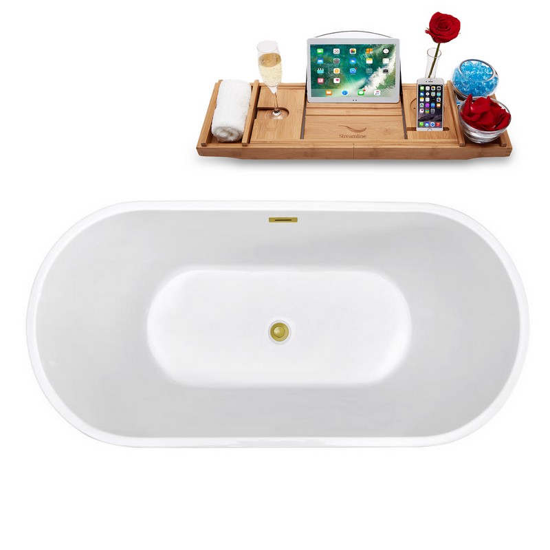 STREAMLINE N140 59 1/8 X 28 1/4 INCH SOAKING FREESTANDING TUB IN WHITE AND TRAY WITH INTERNAL DRAIN