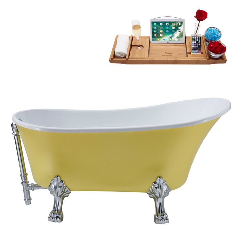 STREAMLINE N350 63 X 28 1/4 INCH SOAKING CLAWFOOT TUB IN YELLOW AND TRAY WITH EXTERNAL DRAIN