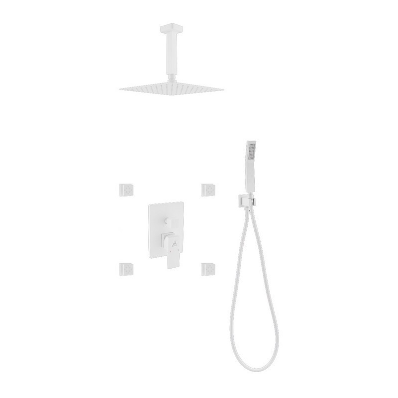 KUBEBATH KB CR2004JHH3V AQUA PIAZZA SHOWER SET WITH 8 INCH CEILING MOUNT SQUARE RAIN SHOWER, HANDHELD AND 4 BODY JETS