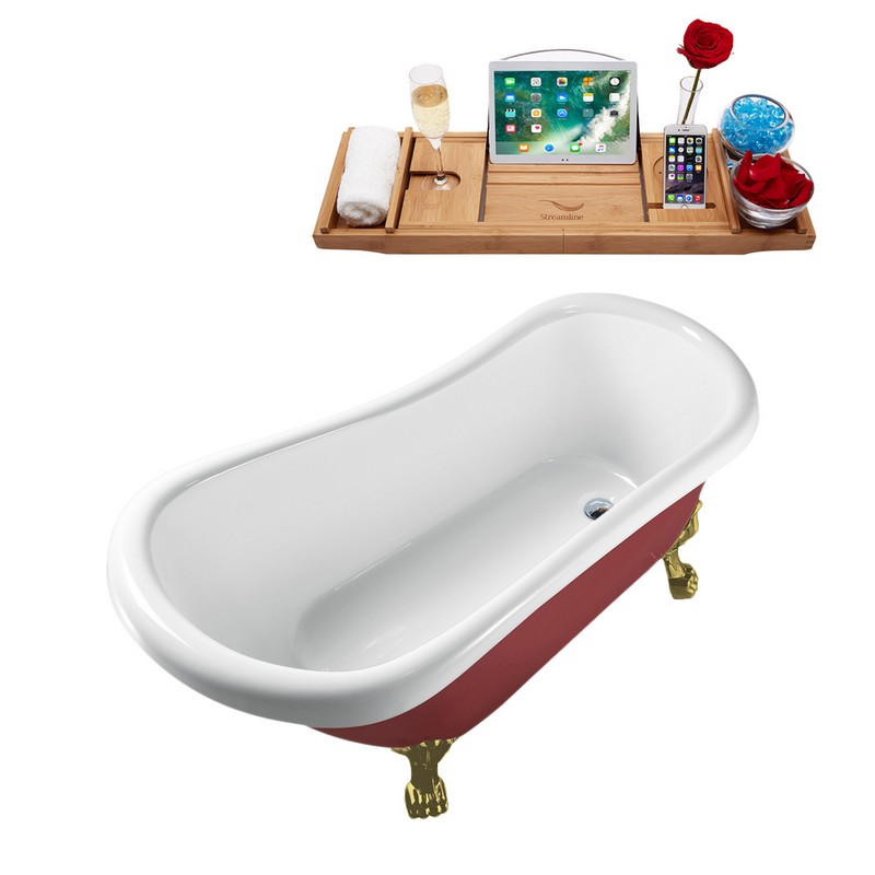STREAMLINE N482-IN 61 X 27 1/2 INCH CLAWFOOT TUB IN RED AND TRAY WITH INTERNAL DRAIN
