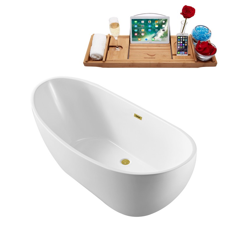 STREAMLINE N580 62 1/4 X 28 1/4 INCH SOAKING FREESTANDING TUB IN WHITE AND TRAY WITH INTERNAL DRAIN