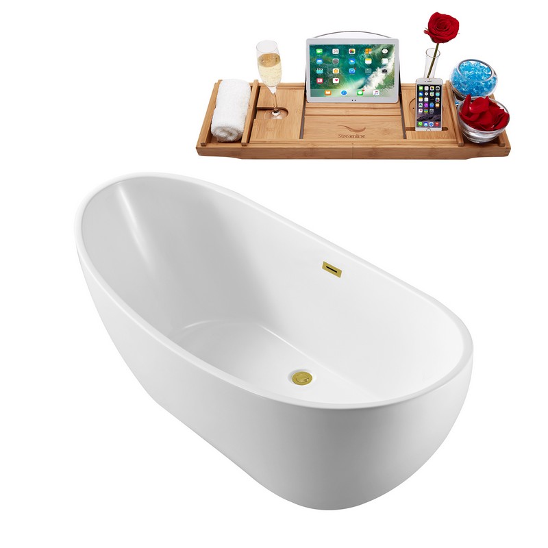 STREAMLINE N581 66 7/8 X 28 1/4 INCH SOAKING FREESTANDING TUB IN WHITE AND TRAY WITH INTERNAL DRAIN
