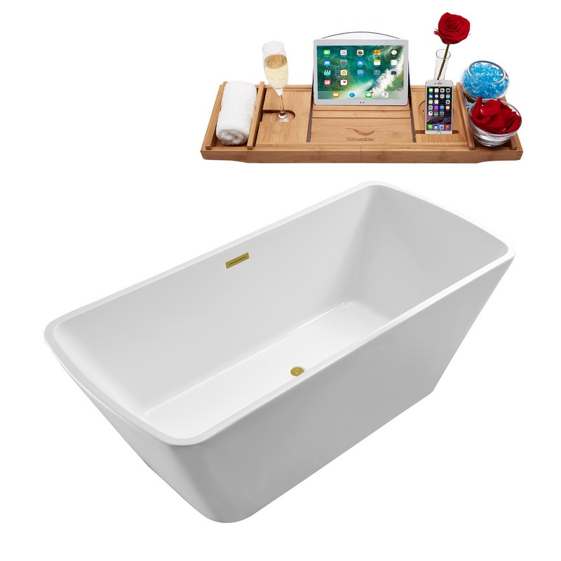 STREAMLINE N680 59 1/8 X 28 1/4 INCH SOAKING FREESTANDING TUB IN WHITE AND TRAY WITH INTERNAL DRAIN