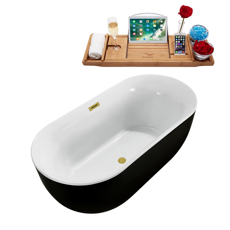 STREAMLINE N802 66 7/8 X 30 3/4 INCH SOAKING FREESTANDING TUB IN BLACK AND TRAY WITH INTERNAL DRAIN