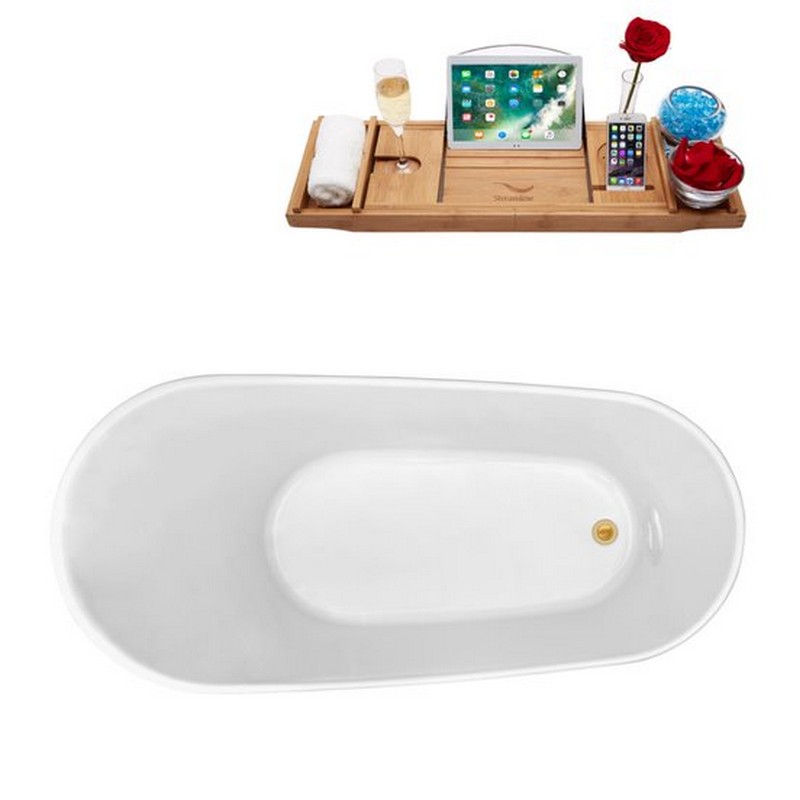 STREAMLINE N821-IN 63 X 29 1/2 INCH SOAKING FREESTANDING TUB IN WHITE AND TRAY WITH INTERNAL DRAIN