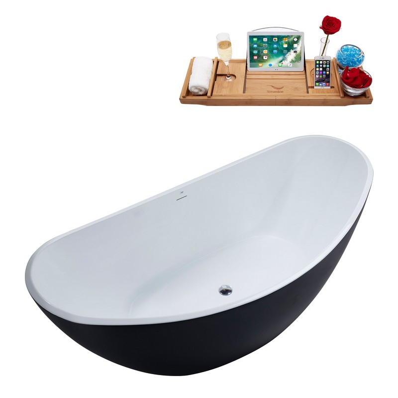 STREAMLINE N955 74 3/4 X 35 3/8 INCH FREESTANDING TUB IN BLACK AND TRAY WITH INTERNAL DRAIN