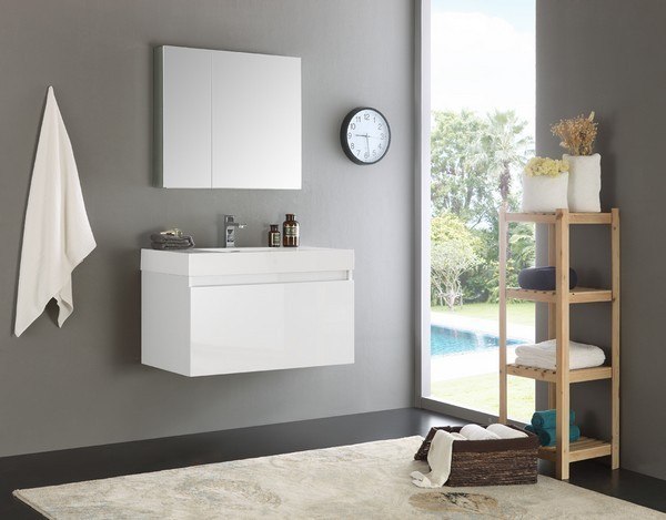 Fvn8008wh Senza Mezzo 36 Inch White Wall Hung Modern Bathroom Vanity With Medicine Cabinet Fst8090wh - Modern Wall Mounted Bathroom Vanity Cabinets