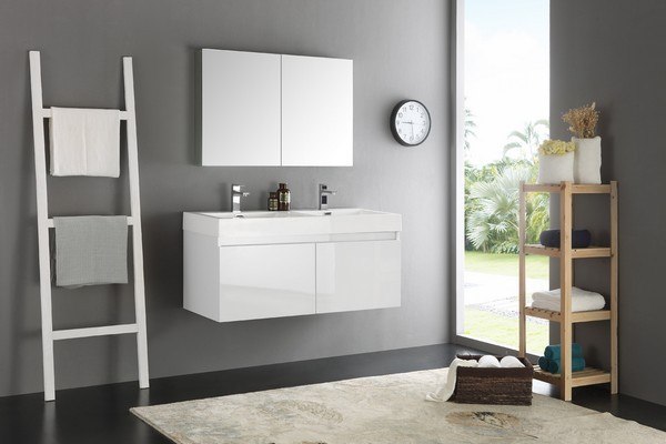 FRESCA FVN8012WH SENZA MEZZO 48 INCH WHITE WALL HUNG DOUBLE SINK MODERN BATHROOM VANITY WITH MEDICINE CABINET