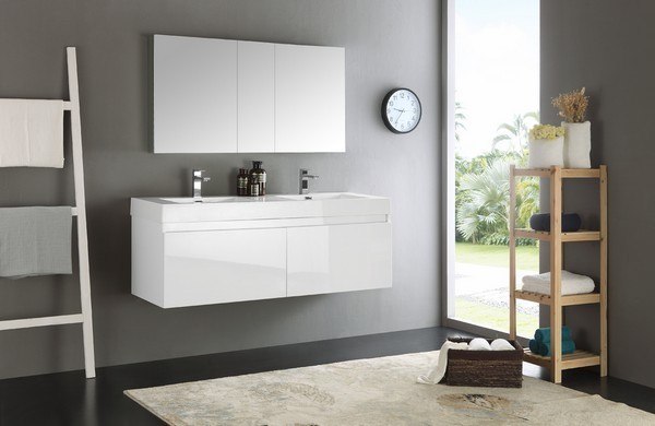FRESCA FVN8042WH SENZA MEZZO 60 INCH WHITE WALL HUNG DOUBLE SINK MODERN BATHROOM VANITY WITH MEDICINE CABINET