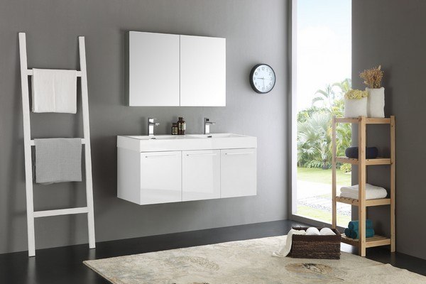 FRESCA FVN8092WH-D SENZA VISTA 48 INCH WHITE WALL HUNG DOUBLE SINK MODERN BATHROOM VANITY WITH MEDICINE CABINET