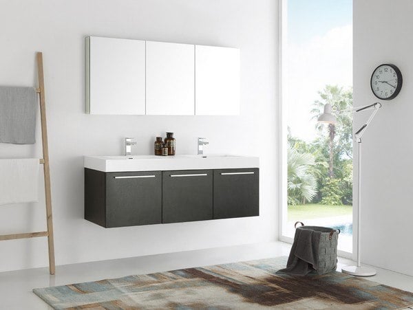 FRESCA FVN8093BW-D SENZA VISTA 60 INCH BLACK WALL HUNG DOUBLE SINK MODERN BATHROOM VANITY WITH MEDICINE CABINET