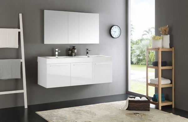 FRESCA FVN8093WH-D SENZA VISTA 60 INCH WHITE WALL HUNG DOUBLE SINK MODERN BATHROOM VANITY WITH MEDICINE CABINET